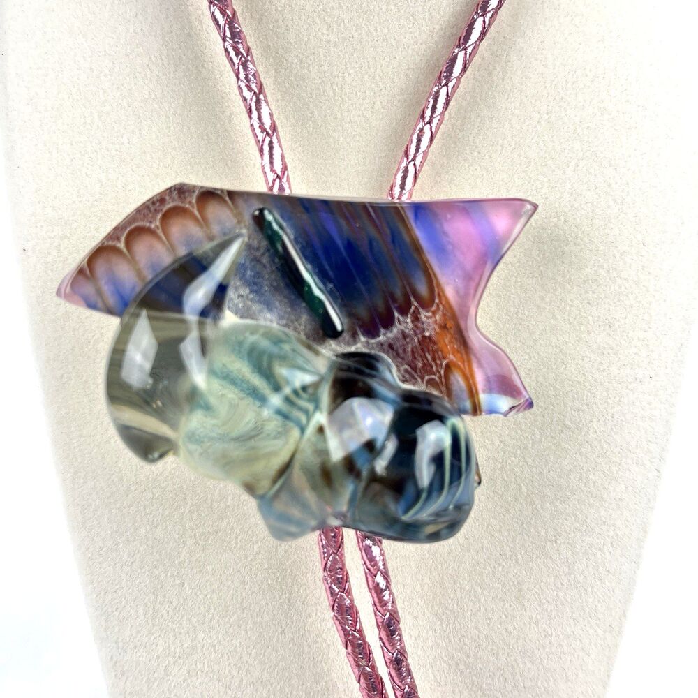 Vintage Artisan Made Bolo Tie Art Glass Metallic Pink Braided Vinyl Cord